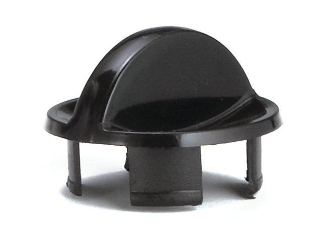 A black plastic automotive fastener, featuring a domed top with a small tab, circular base, and three prongs extending downward for securing into a panel or hole. Made in USA, its smooth and shiny surface has small notches visible at the bottom.