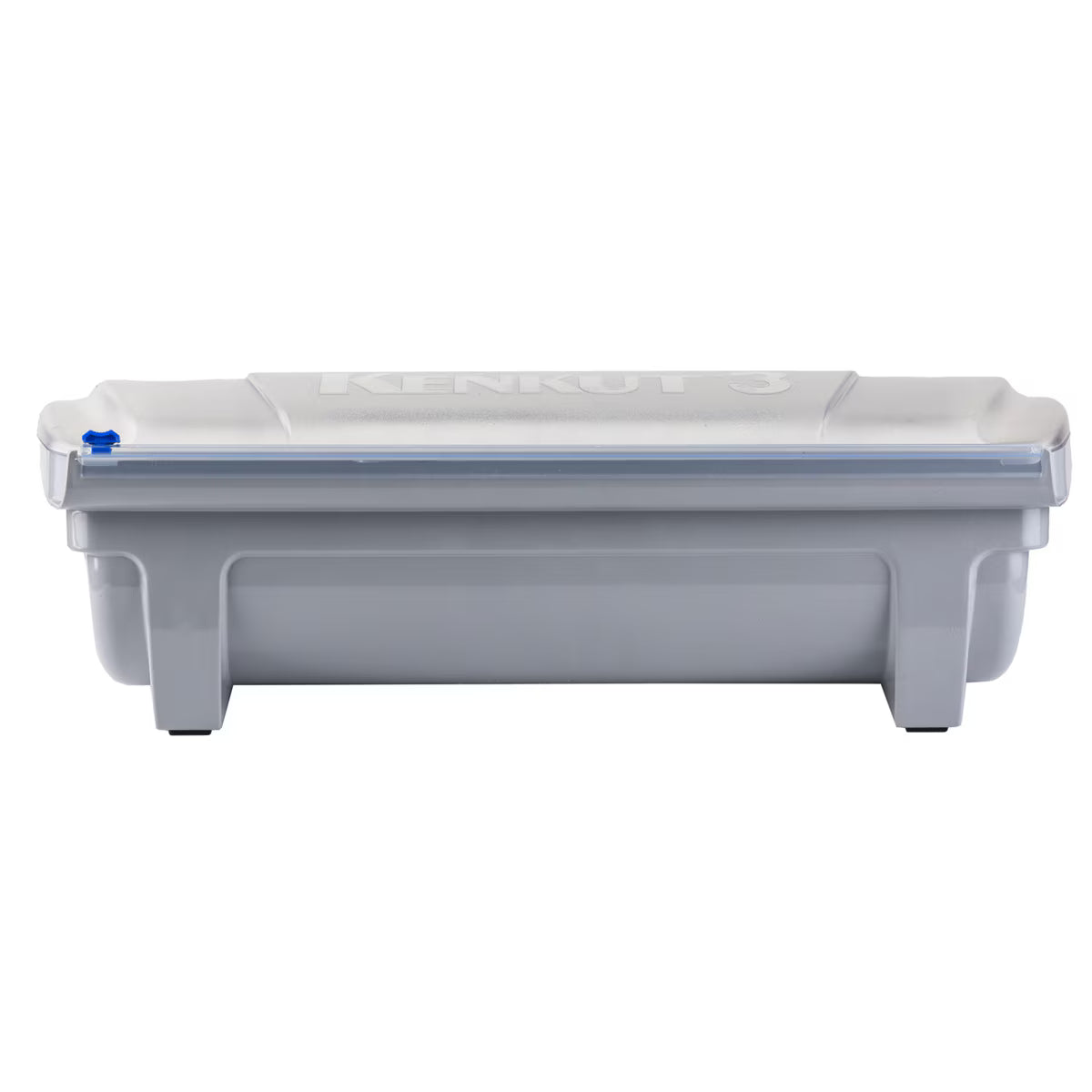 A large, rectangular gray plastic KenKut 3 dispenser with a fitted lid, raised edges, sturdy base legs, and blue latch. "KENKUT 3" is embossed on top. The container sits against a plain white background; it's also dishwasher safe.