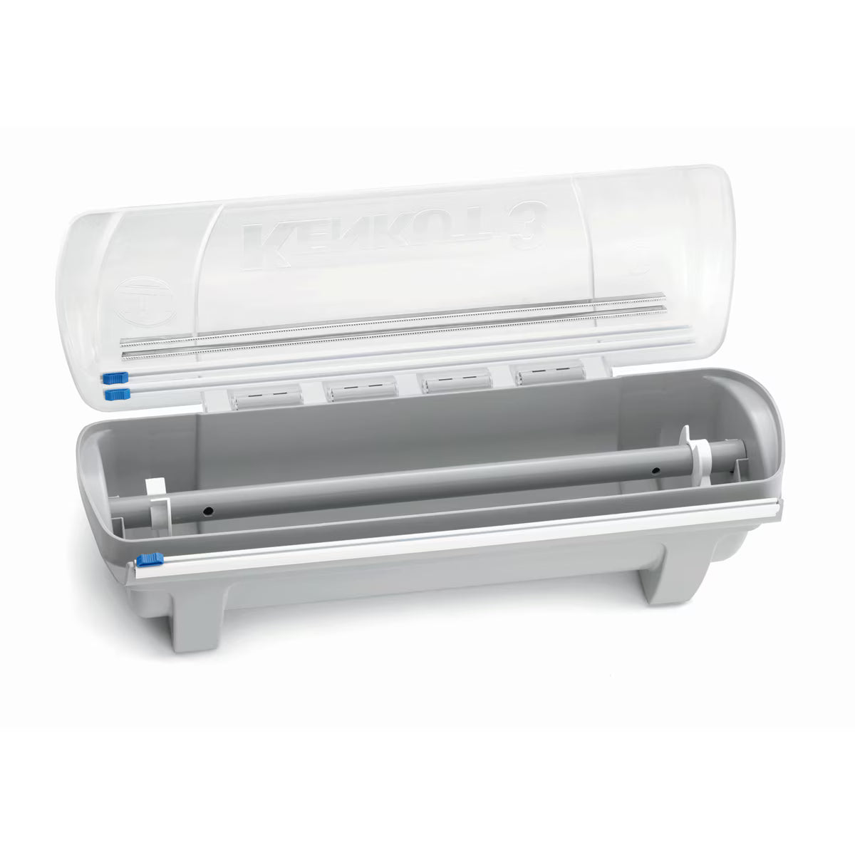 A translucent plastic dispenser with a hinged lid is open, revealing metal bars and rollers inside. The light gray KenKut 3 base features blue accents and short legs for stability, designed for dispensing or storing rolled materials.