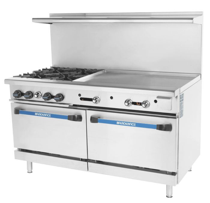 The Turbo Air Radiance Restaurant Range is a commercial stainless steel gas range with four burners, a flat griddle, two large oven doors below, and a high backsplash with shelf. Convenient front-panel control knobs are above the oven doors.