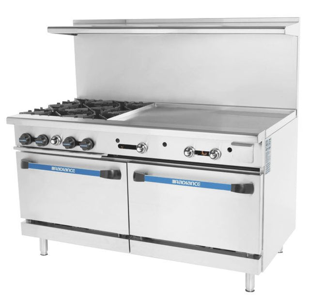 The Turbo Air Radiance Restaurant Range is a commercial stainless steel gas range with four burners, a flat griddle, two large oven doors below, and a high backsplash with shelf. Convenient front-panel control knobs are above the oven doors.