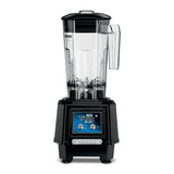 A heavy duty blender with a clear plastic 48 oz pitcher, black lid, and sturdy black base. The base has a control panel with two metal switches and a blue TORQ 2.0 label. The pitcher features measurement markings and a right-side handle—perfect as a bar blender.