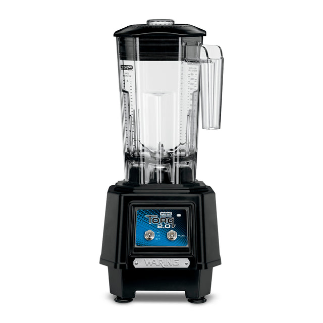 A heavy duty blender with a clear plastic 48 oz pitcher, black lid, and sturdy black base. The base has a control panel with two metal switches and a blue TORQ 2.0 label. The pitcher features measurement markings and a right-side handle—perfect as a bar blender.