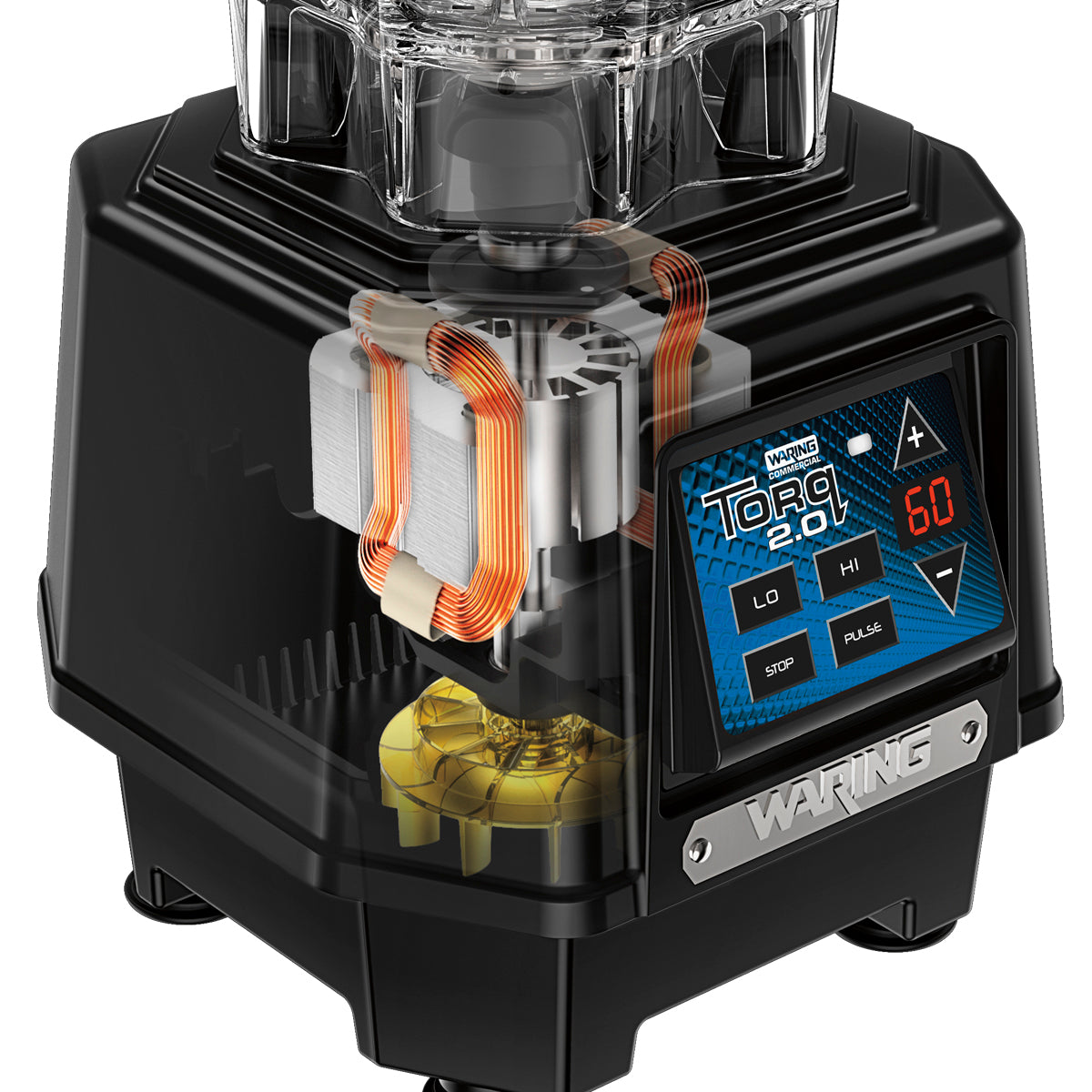 A close-up of a Waring Torq 2.0 countertop blender base, shown with a cutaway view revealing copper motor coils inside. The base features a digital display panel with buttons labeled Stop, Pulse, and arrows, displaying 60 in red numbers.
