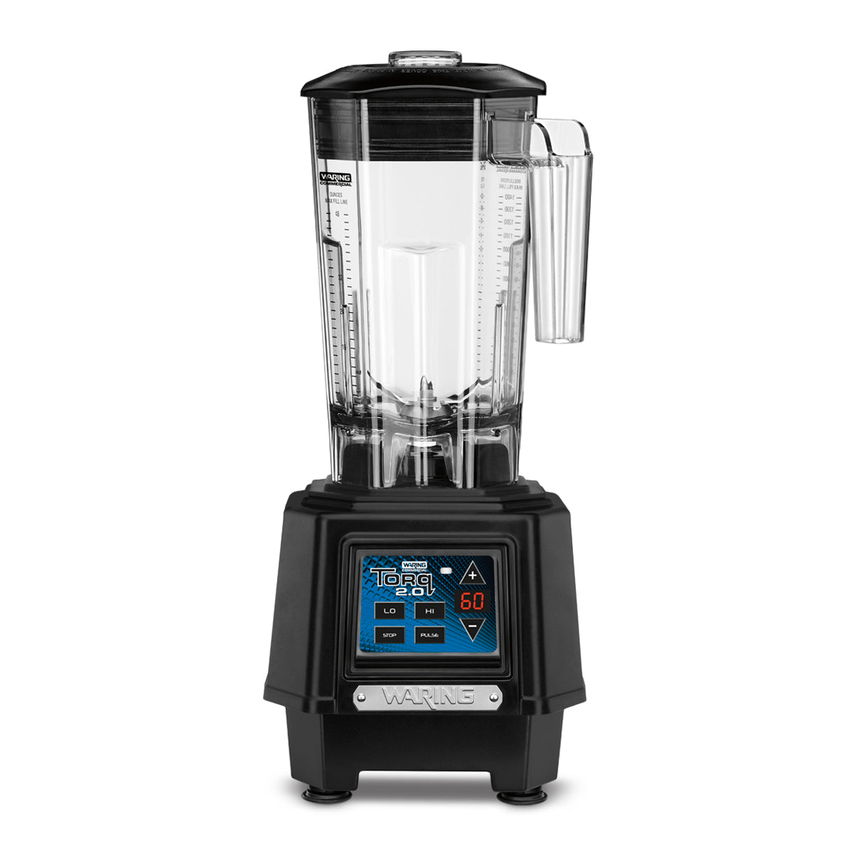 A commercial-grade black 48 oz. Blender with a large clear plastic pitcher, sturdy handle, and digital control panel displaying settings. The robust base features “Waring” branding and buttons for various bar blender functions are visible.