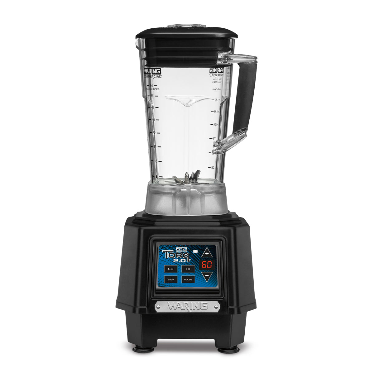 A sleek black countertop blender with a clear 64 oz pitcher, black lid, and handle is shown. The base features a blue digital control panel with buttons and display. The pitcher has metal blades at the bottom and measurement markings on the side.