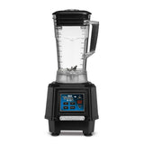 A sleek black countertop blender with a clear 64 oz pitcher, black lid, and handle is shown. The base features a blue digital control panel with buttons and display. The pitcher has metal blades at the bottom and measurement markings on the side.