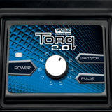 Close-up of the Waring Commercial TORQ 2.0 Bar Blender control panel with a central dial numbered 1 to 10. This variable speed blender features Power, Start/Stop, and Pulse buttons on a blue textured background. The dial is set to 6.