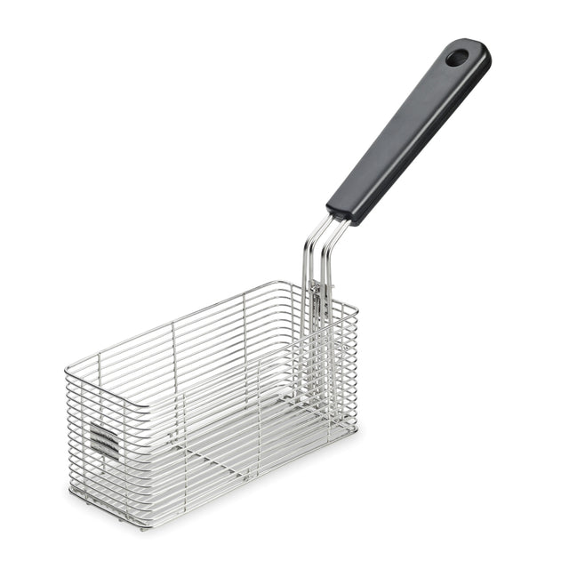 A rectangular fry basket with a long black plastic handle, designed for deep frying food. The grid pattern and elevated handle end allow easy draining and safe handling, perfect for use with a 10-lb fryer.