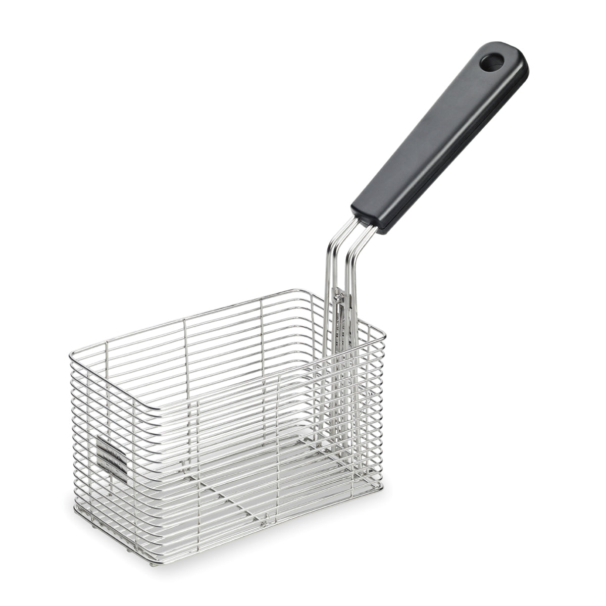A rectangular fry basket with a black plastic handle. The silver, open-topped twin steel wire basket is sturdy and ideal for use with a 15-lb fryer. The handle is securely attached at one end and features a hanging hole at the tip.