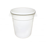 A plain, white, 20 gallon plastic bucket with two small side handles is pictured against a white background. The empty Trash Can features a smooth surface and a wide open top.