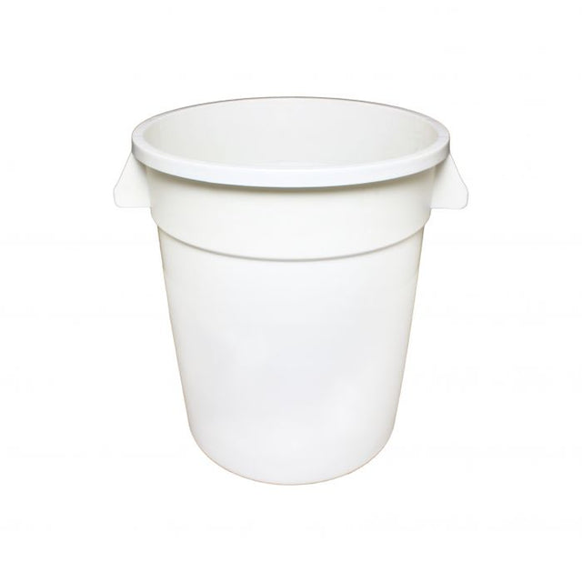 A plain, white, 20 gallon plastic bucket with two small side handles is pictured against a white background. The empty Trash Can features a smooth surface and a wide open top.