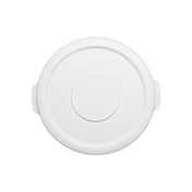 A round, white plastic Trash Can Lid is shown from above on a plain white background. It features a raised rim, two small side tabs, and a smooth surface with a central, slightly indented circle.