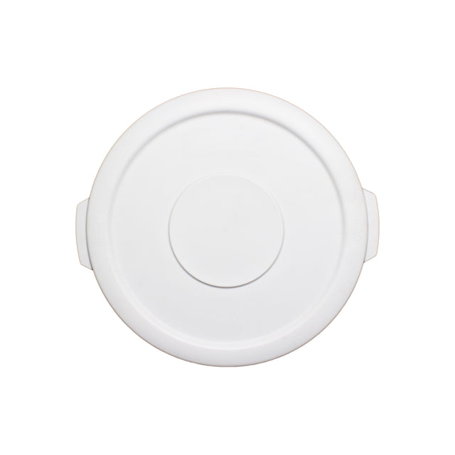 A round, white plastic Trash Can Lid is shown from above on a plain white background. It features a raised rim, two small side tabs, and a smooth surface with a central, slightly indented circle.