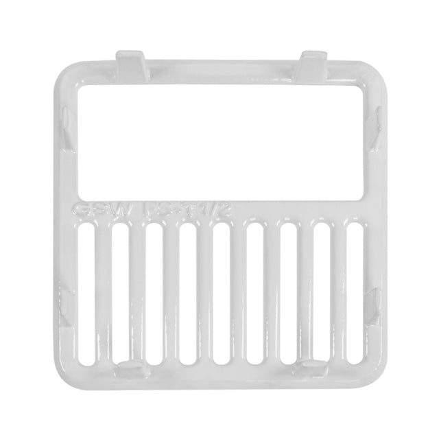 A white plastic rectangular Top Grate from GSW USA with a large open slot at the top and eight vertical slots below. Small tabs line the edges, and faint raised text reads CSW 1/2 full size. The background is plain white.