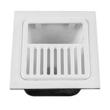 A white, square plastic air vent cover viewed from above features a rectangular grid of vertical slats in the center, a solid border, and the Top Grate design by GSW USA. The 1/2 full size vent’s opening and inner chamber are visible below the slats.