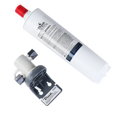 A white cylindrical Ice Maker Water Filter cartridge with a red cap lies next to a gray plastic filter head and mounting bracket on a white background. The cartridge features the True brand logo, designed for use with True Mfg Ice Maker systems.