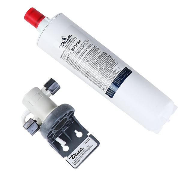 A white cylindrical Ice Maker Water Filter cartridge with a red cap lies next to a gray plastic filter head and mounting bracket on a white background. The cartridge features the True brand logo, designed for use with True Mfg Ice Maker systems.