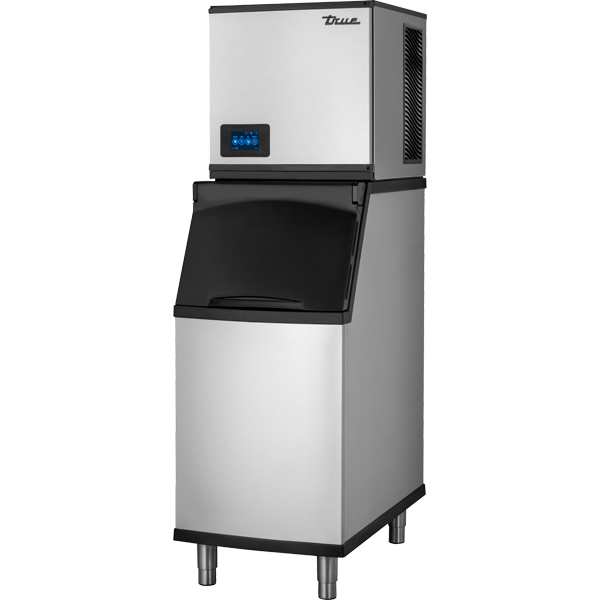 A commercial stainless steel cube style ice maker with a top ice maker unit, air-cooled condenser, lower bin for ice storage, black handle on the bin door, small blue digital display above, and four sturdy metal legs.