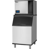 A self-contained ice machine with a digital display, black top panel, hinged black door for ice access, and four metal legs. The brand name “True” is visible on the upper left of the top section of this commercial ice maker.