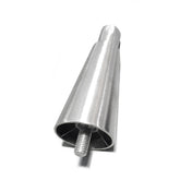 A metallic, cone-shaped stainless steel leg with a smooth, brushed finish is shown on a white background. The wider end has a circular opening with a protruding threaded screw, while the narrow end is closed. The leg is angled slightly to the left.
