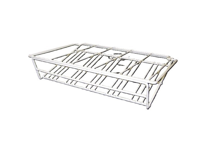 A rectangular metal wire basket with a grid-like structure, ideal for use with gravity feed shelves. The basket has slightly slanted sides and an open top, with metal rods forming the base and sides, shown empty against a plain white background.