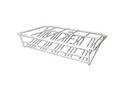 A rectangular metal wire basket with a grid-like structure, ideal for use with gravity feed shelves. The basket has slightly slanted sides and an open top, with metal rods forming the base and sides, shown empty against a plain white background.