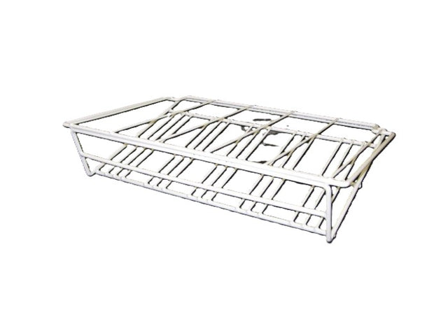 A rectangular metal wire basket with a grid-like structure, ideal for use with gravity feed shelves. The basket has slightly slanted sides and an open top, with metal rods forming the base and sides, shown empty against a plain white background.