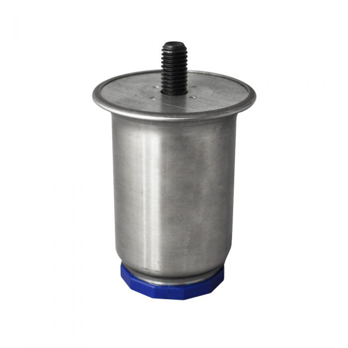 A cylindrical metal object with a flat top and a threaded black bolt in the center, this Turbo Air Leg Foot Adjustable features a blue octagonal base. Smooth, metallic sides complete the look, photographed against a white background.