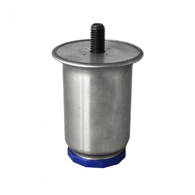 A cylindrical metal object with a flat top and a threaded black bolt in the center, this Turbo Air Leg Foot Adjustable features a blue octagonal base. Smooth, metallic sides complete the look, photographed against a white background.