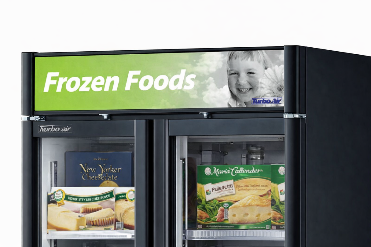 A Turbo Air TGF-35SD-N commercial freezer display labeled “Frozen Foods” features glass doors showcasing boxes of New Yorker cheesecake and Marie Callender pies. Above, a sign panel displays the text with a faded black-and-white photo of a smiling child.