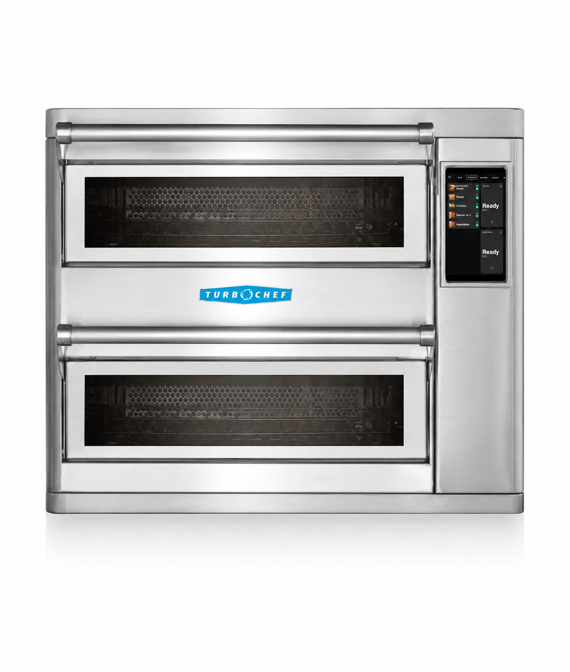 A stainless steel Double Batch Oven from TurboChef, this ventless countertop oven features a digital display on the right, two horizontal glass doors in the center, and the TurboChef logo between them; it looks clean and modern against a white background.