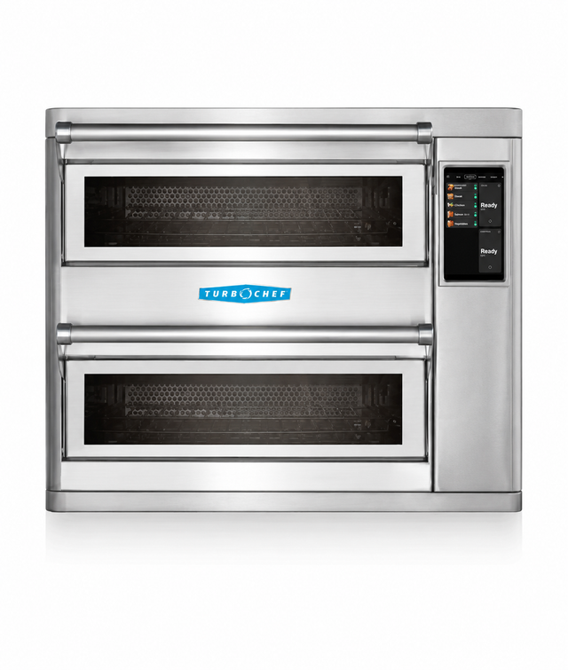 A stainless steel TurboChef Double Batch Oven features two horizontal glass doors and a digital control panel on the right side. This ventless countertop oven stands on a plain white background, with TurboChef labeled in blue.
