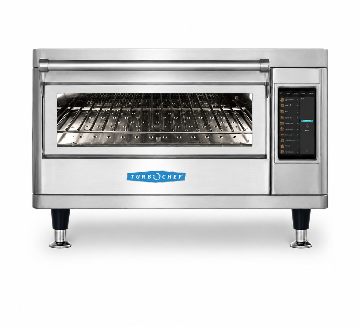 A stainless steel TurboChef Single Batch Oven with a large glass front door, visible interior racks, control panel on the right, and blue TurboChef logo in the center. This ventless countertop oven stands on four short legs against a white background.