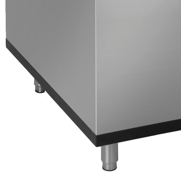 Close-up of the bottom corner of a stainless steel cabinet with a black base and cylindrical metal legs on a white background. The smooth, reflective stainless steel exterior and industrial design are ideal for an ice storage bin in commercial settings.