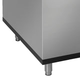 Close-up of the bottom corner of a stainless steel cabinet with a black base and cylindrical metal legs on a white background. The smooth, reflective stainless steel exterior and industrial design are ideal for an ice storage bin in commercial settings.