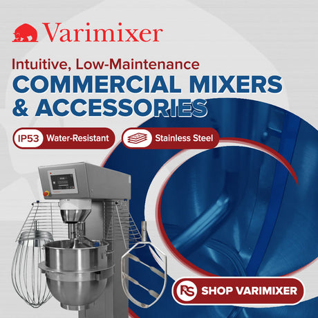 Varimixer commercial mixers and accessories featuring stainless steel design and water-resistant controls