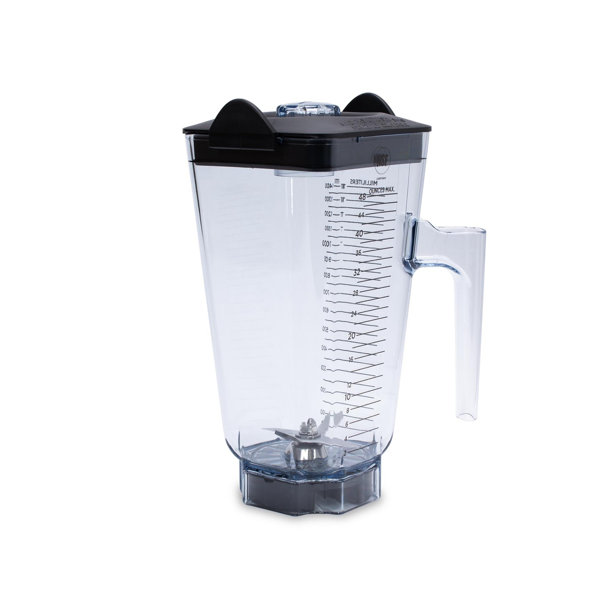 A clear plastic Vitamix blender container with measurement markings, a black lid, transparent handle, and visible metal blades at the bottom. This BPA free container holds up to 48 oz and is set against a plain white background.
