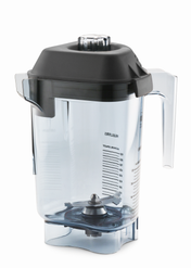 A clear 32 oz blender pitcher with a black lid and handle sits on a white background. Measurement markings in liters and milliliters are printed on the side, and the BPA free blender container reveals a metal blade at the bottom inside.