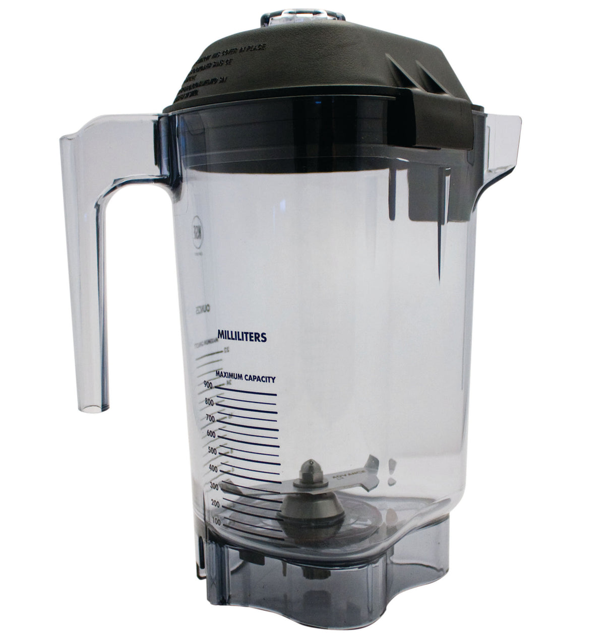 A clear 32 oz Tritan container for Vitamix blender with measurement markings in milliliters and a transparent handle. Features an Advance blade assembly, black lid, metal blades at the base, visible maximum capacity line, and a pouring spout.