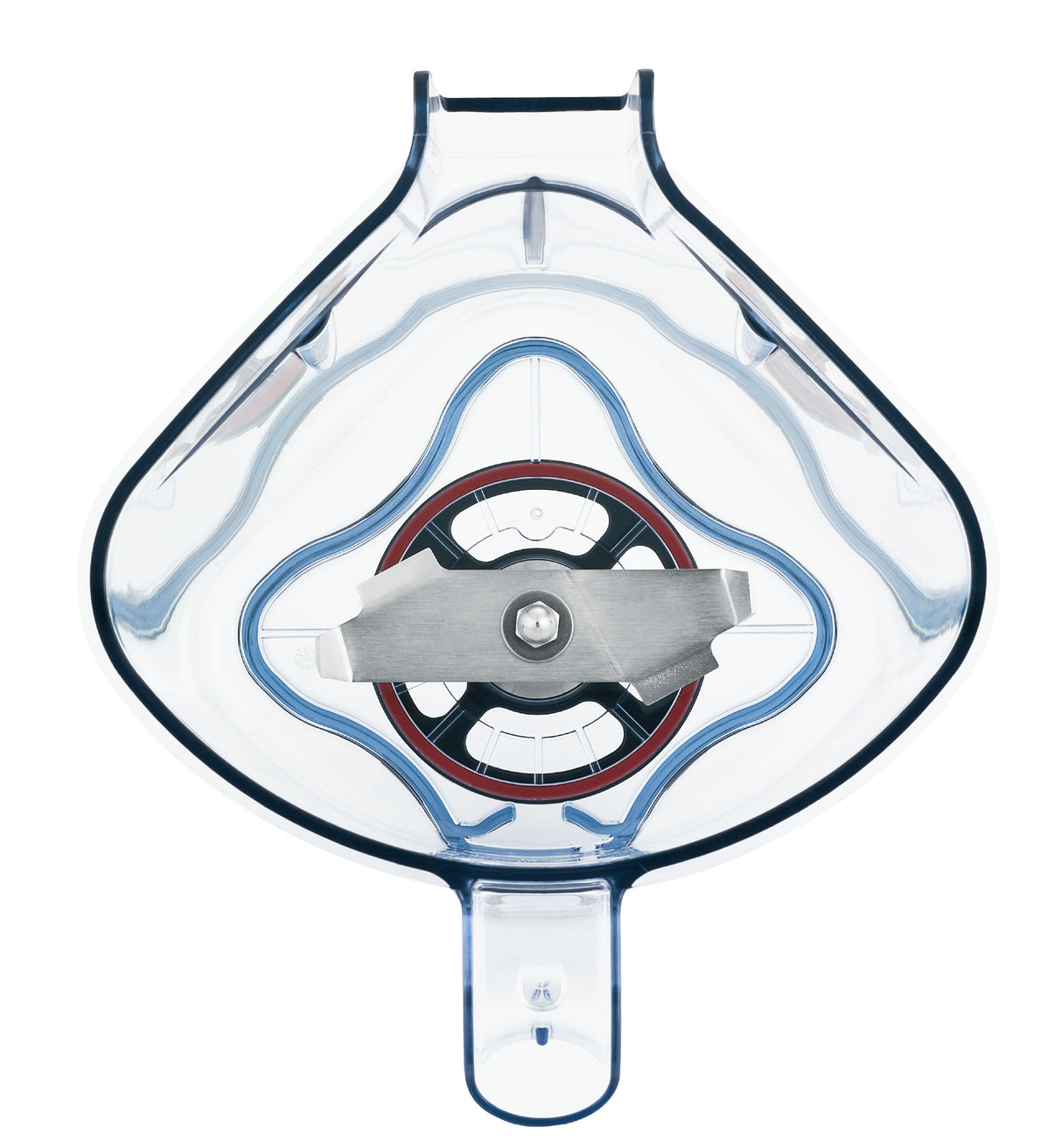 Top-down view of a Vitamix blender container, highlighting the Advance blade assembly inside its teardrop shape. The 32 oz Tritan container features blue-tinted edges and a circular black and red base surrounding the central blade.
