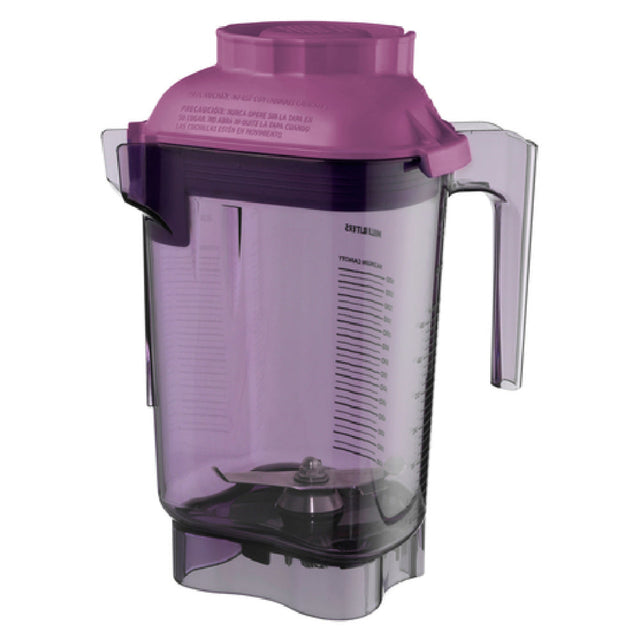 A transparent purple Advance Container jar made from BPA Free Tritan, with a handle, measurement markings, stainless steel blades at the bottom, and a matching purple lid. The empty Vitamix 32 oz jar is photographed on a plain white background.