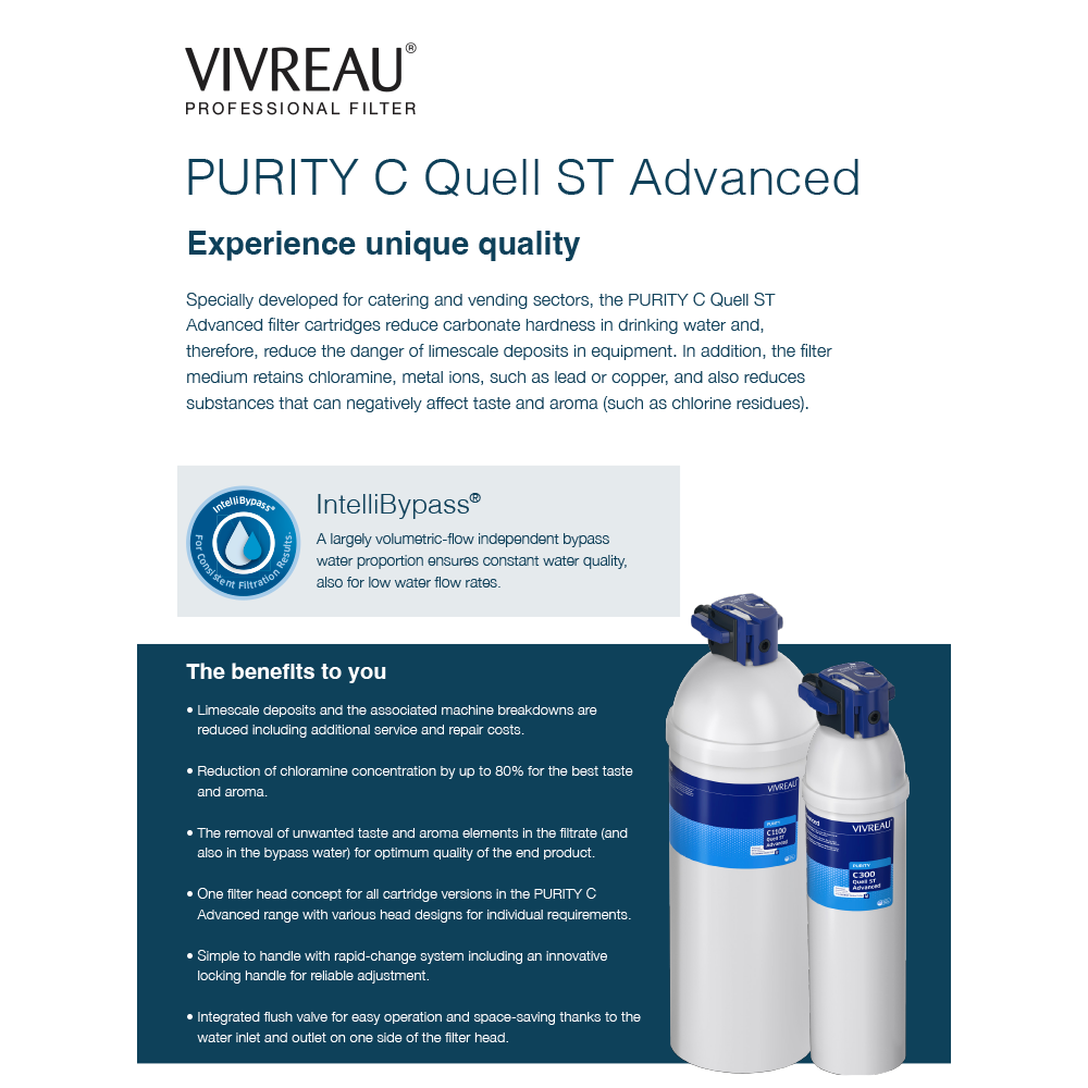 This image is a promotional flyer for Vivreau’s PURITY C Quell ST Advanced water filter. It highlights features like catalytic carbon, shows two filter cartridges with blue heads, and lists benefits such as improved taste and IntelliBypass technology.