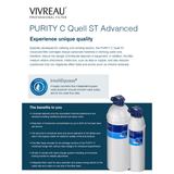 This image is a promotional flyer for Vivreau’s PURITY C Quell ST Advanced water filter. It highlights features like catalytic carbon, shows two filter cartridges with blue heads, and lists benefits such as improved taste and IntelliBypass technology.