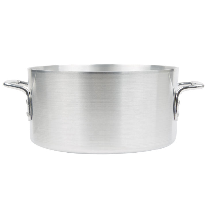 A large, empty Arkadia Sauce Pot with two sturdy metal handles on each side, crafted from 3000 series aluminum and featuring a smooth, brushed finish. This 10 quart pot is open at the top and set against a plain white background.