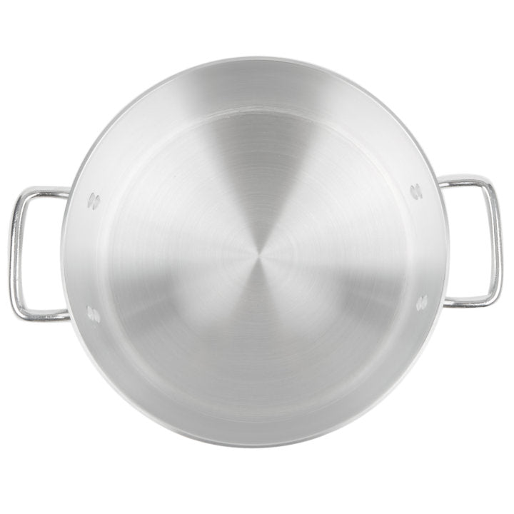 A top-down view of an empty, round Arkadia Sauce Pot with two metal handles. Crafted from 3000 series aluminum, its smooth, brushed interior reflects light in a radial pattern. The 10 quart pot is plain, with no markings or decorations.