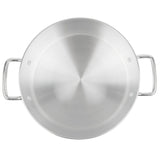 A top-down view of an empty, round Arkadia Sauce Pot with two metal handles. Crafted from 3000 series aluminum, its smooth, brushed interior reflects light in a radial pattern. The 10 quart pot is plain, with no markings or decorations.
