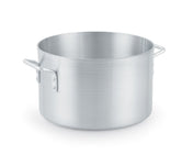 A large, empty Arkadia Sauce Pot made of 3000 series aluminum with a smooth, brushed finish and two sturdy side handles. This 10 quart, silver-colored stock pot sits lidless on a plain white background.