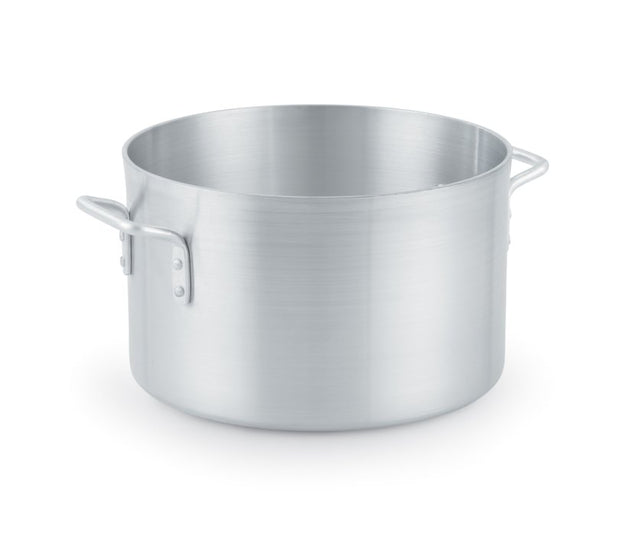 A large, empty Arkadia Sauce Pot made of 3000 series aluminum with a smooth, brushed finish and two sturdy side handles. This 10 quart, silver-colored stock pot sits lidless on a plain white background.