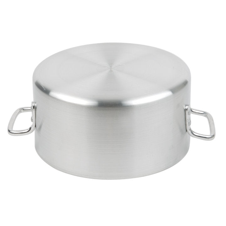 A large Arkadia Sauce Pot made of 3000 series aluminum is shown upside down on a white background. The 10 quart pot has two rectangular handles and a slightly matte, brushed metal texture, with no lid visible and an unused appearance.